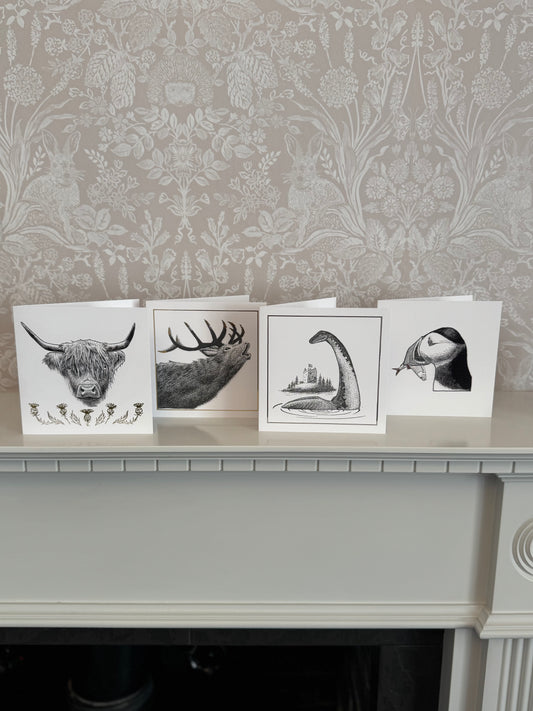 Set of 4 Scottish Wildlife Foil Greetings Cards (blank inside)